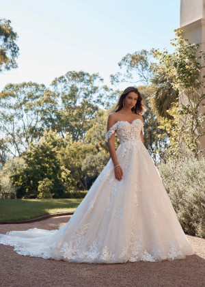 Off Shoulder Beaded Ivory Lace Tulle Royal Wedding Dress